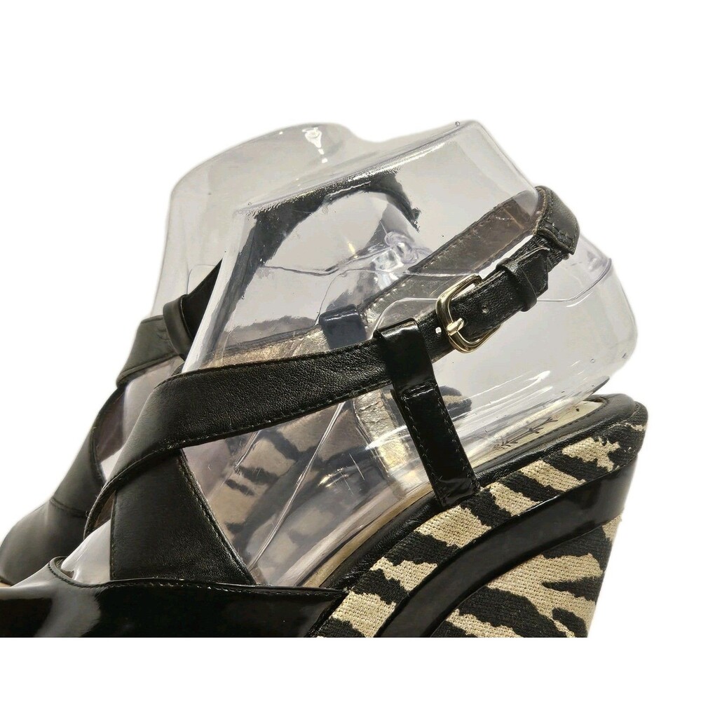 Zebra Print Wedge Sandals Black Leather Strappy Platform Peep Toe Heels 6M - Picture 5 of 9